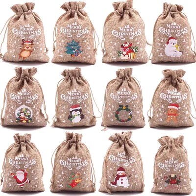 5Pcs/Lot Xmas Natural Jute Bags 10x14 13x18cm Christmas Cand