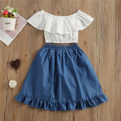Girls 2025 Summer Ruffle Top Denim Ruffle Skirt Set MidChild