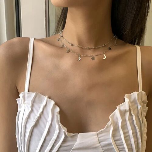 Star & Moon Pendant Bead Choker Necklace for Women Fashion D