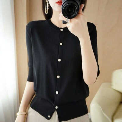 2023Summer New Thin Ice Silk Three-Quarter Sleeve Knitted Ca