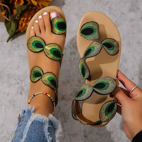 Yellow Embroidered Faux Flower Fashion Sandals Flat Plus Siz