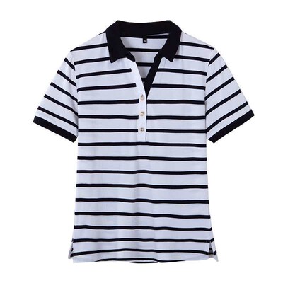 Womens New Spring and Summer Striped Lapel Polo Shirt Women