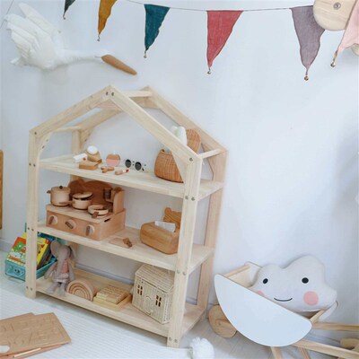 Nordic Style Small House Childrens Bookshelf Solid Wood Mul