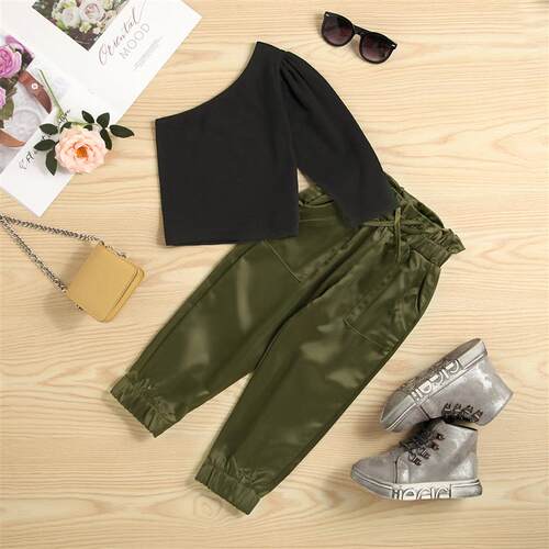 2-7Y Kids Girls Fashion Clothes Sets Baby One Shoulder Long