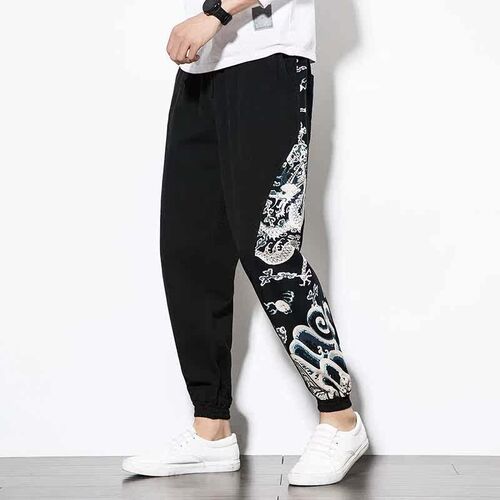 New Fashion Casual Mens Dragon Stitching Cotton Linen Pants