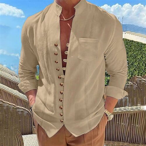 2025 Mens new cotton and linen pocket retro stand-up collar