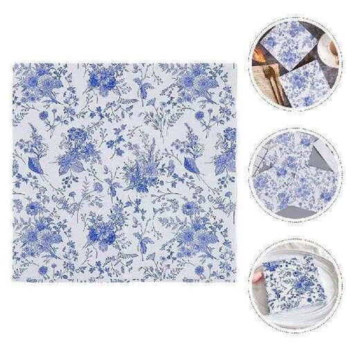 100 Pcs Blue White Napkins Paper Dinner Floral Decorative