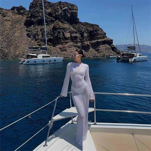Fashion Women Wrapped Dress Long Sleeve Round Neck See Throu