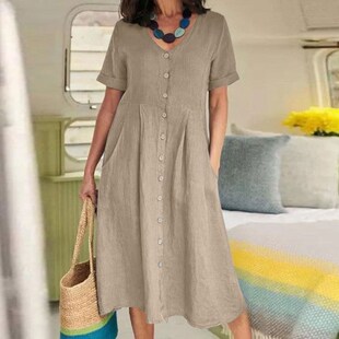 Casual Cotton Linen Long Dress Women Summer Fashion Sreetwea