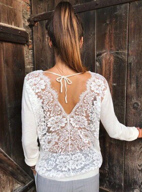 Lace Back Fashion Long Sleeve Tshirt for Women Autumn Bow Ti
