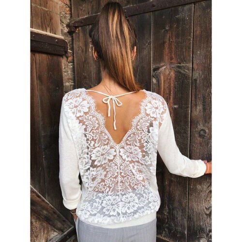 Lace Back Fashion Long Sleeve Tshirt for Women Autumn Bow Ti