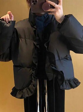 Biyaby Black Short Long Sleeve Parka Women 2023 Winter Ruffl