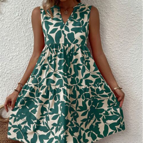Women V Neck Print Dress 2023 Summer Elegant Sleeveless Loos