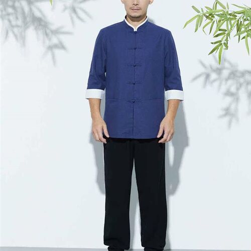 Nong Hui 23 new mens cotton and linen Zen clothing gray blu