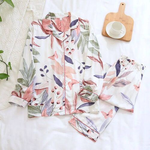 Sleepwear Two-Piece Set Viscose Cotton Trouser Suits Women L