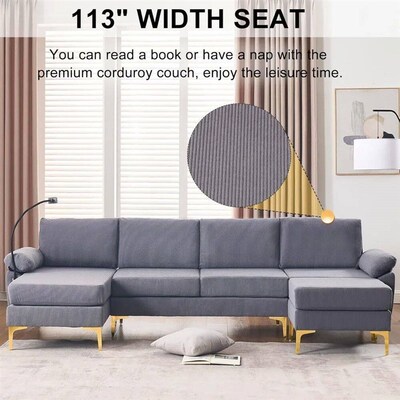 114 Inch U-shaped Combination Sofa, Corduroy Convertible 4-p