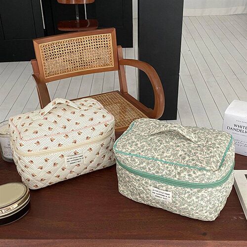Quilted Quilting Cotton Makeup Bag Women Zipper Cosmetic Org