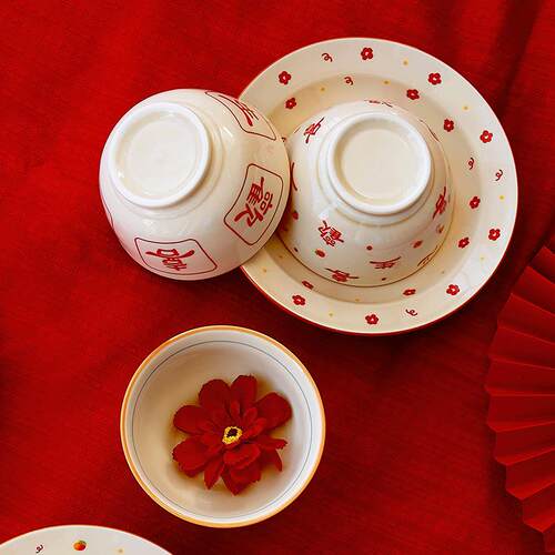 Double Happiness Character Wedding Porcelain Bowls Plates