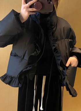 Biyaby Black Short Long Sleeve Parka Women 2023 Winter Ruffl
