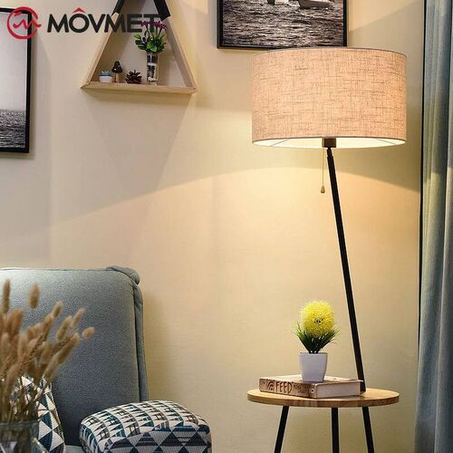 Simple Solid Wood Floor Lamp Iron Fabric Shade Living Room B