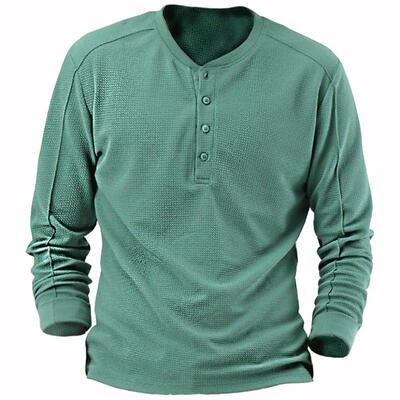 Mens Waffle Henley Shirt Tee Top Long Sleeve Plain Sreet Va