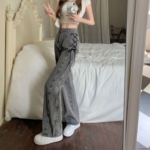 Black Gray Lace Up Design Jeans Women Vintage High Waist Str