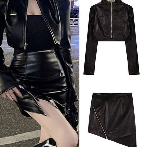 Leather Short Top Skew Zipper Dress Female 2 Pieces Set Stan