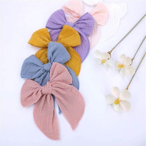 Hemmed Fable Bow Hair Clips Baby Girls Women Cotton Linen Bo