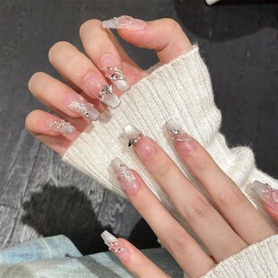 10pcs Handmade Press On Nails Gradient Pink Fake Nail With 3
