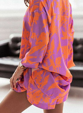 Print Shorts Suits Women Vintage Long Sleeve Shirt And Short