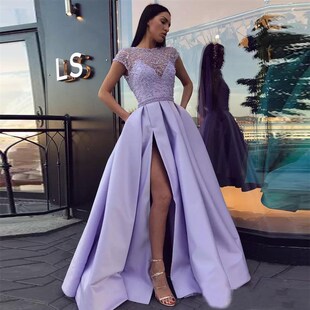 Lavender Side Split Prom Dresses Pearls Sheer Bateau Neck Ca