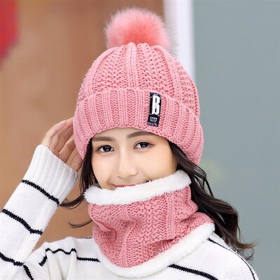 Winter Women Thick Knitted Beanie Hat warm Plush Neck Gaiter