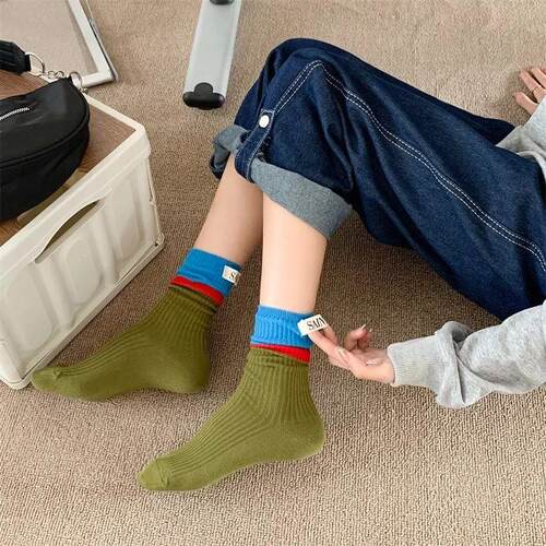 Contrast colored socks, womens high top pile up socks, Kore