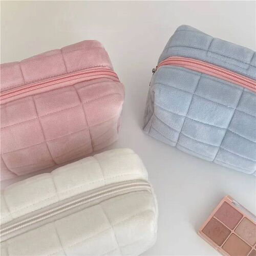 Zipper Large Solid Color Cosmetic Bag Cute Fur Makeup Bag fo