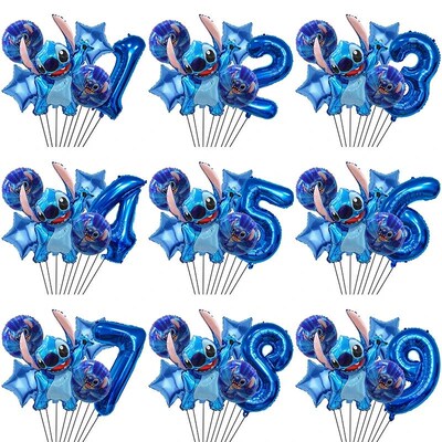 6 Pcs Blue Stitch Foil Balloons Set Digit 1-9 Years Old Ball