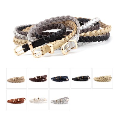 Womens Dress Thin Belt PU Leather Braided Belt Golden Pin B