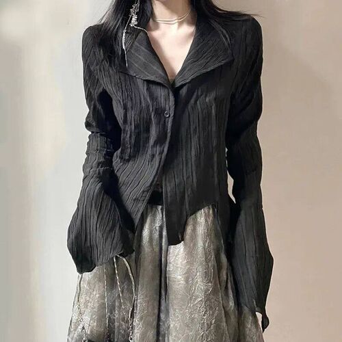Gothic Women Black Shirts Korean Dark Academic Female Design