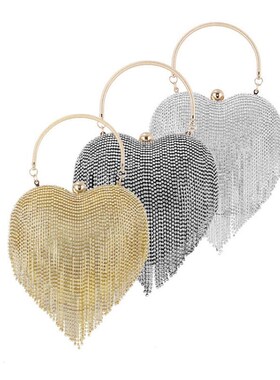 Rhinestone Evening Bag Heart Pattern Silver Clutch Womens Fa