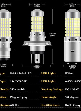 1PCS H4 P15D BA20D Motorcycle Headlight Bulbs 144 SMD Super