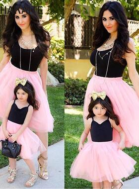 Mom and Daughter Dress Pink Patchwork Mesh Princess Dress Mo