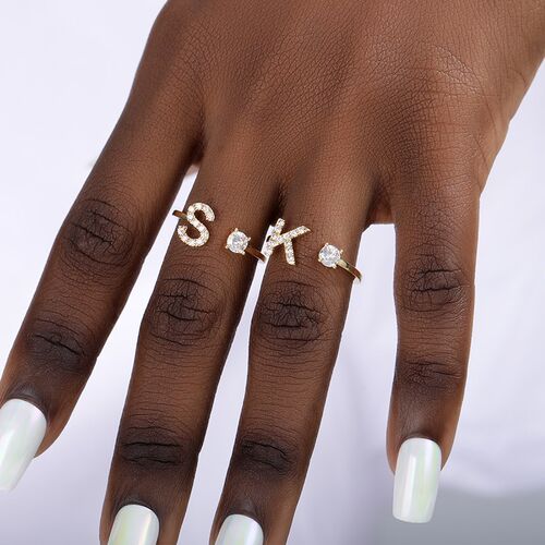 Zircon Initial A-Z Letter Rings For Women Stainless Steel Ad