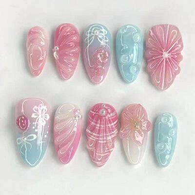 24PCS Fashionable 3D Carved Flower False Nails Retro Red Pol