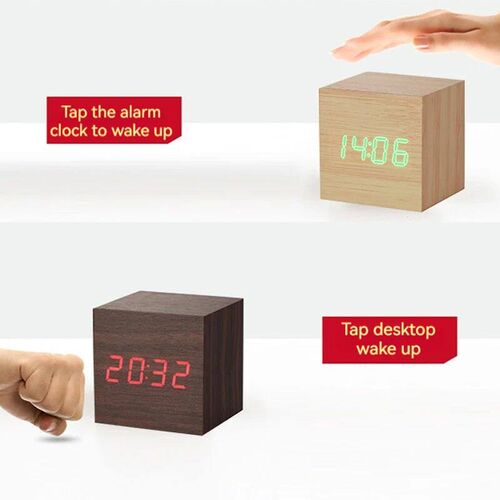 Wooden Digital Alarm Clock with Temperature Cube, Art Orname