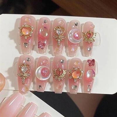 10Pcs Handmade Press on Nails Long Ballet Blue Fake Nails wi