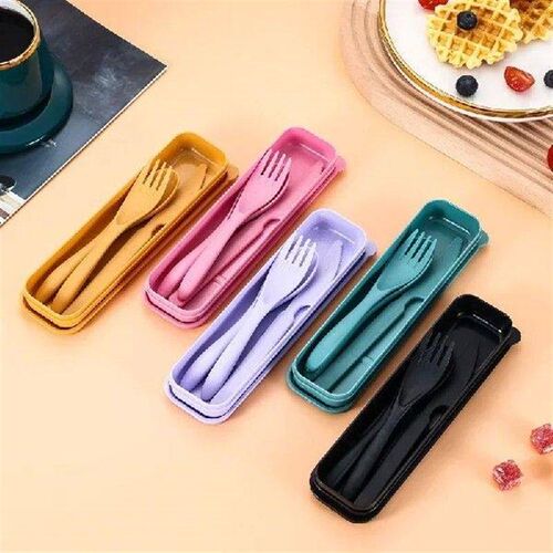 3PCS Spoon Fork Knife Cutlery Set Wheat Straw Portable