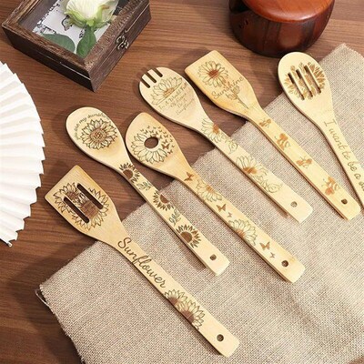Laser Engraved Sunflower Pattern Bamboo Spatula Set for Kitc