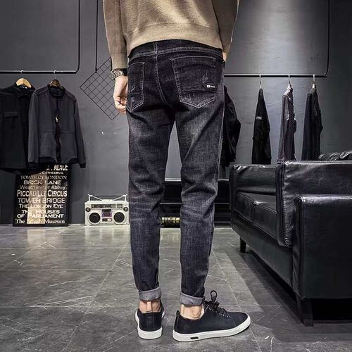 Jeans Mens Slim-fit Ankle-length Pants Black Autumn All-mat
