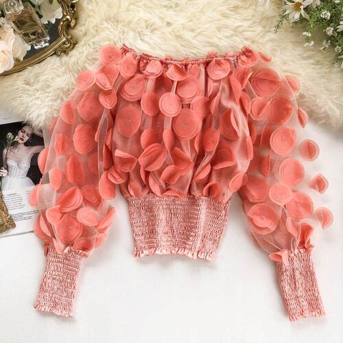 Fashion Flower Decoration Pink Blouse Shirt Women Elegant Of