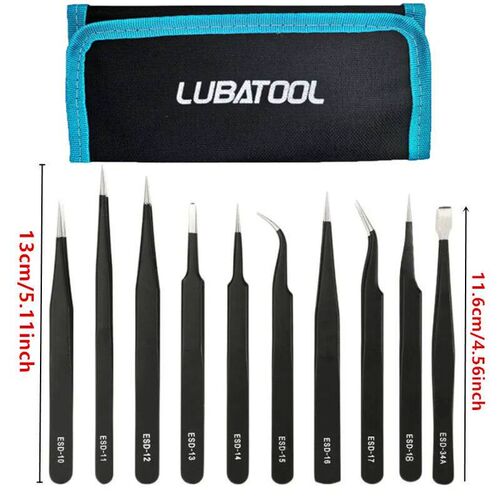 10 Pcs Tweezers Set Bag Stainless Steel Anti-Static Precisio