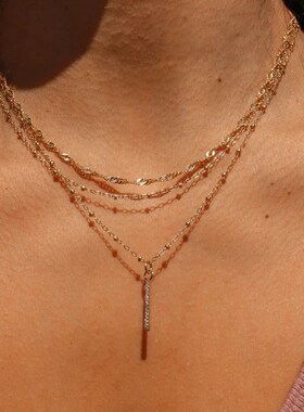 necklaces women时尚多层叠戴项链项链女满钻小坚条吊坠锁骨链